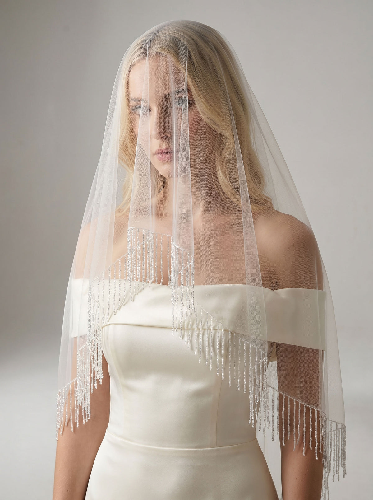 Crystal beaded fringe blusher short sheer bridal veil