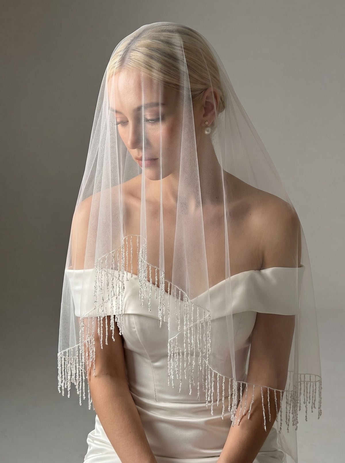 Crystal beaded fringe blusher short sheer bridal veil