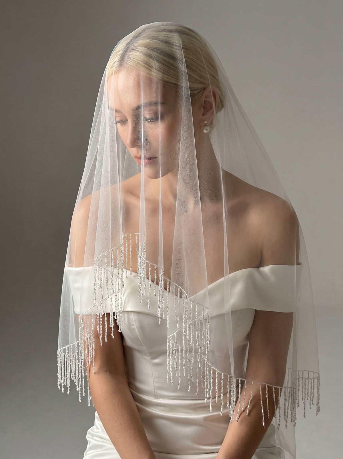 Crystal beaded fringe blusher short sheer bridal veil