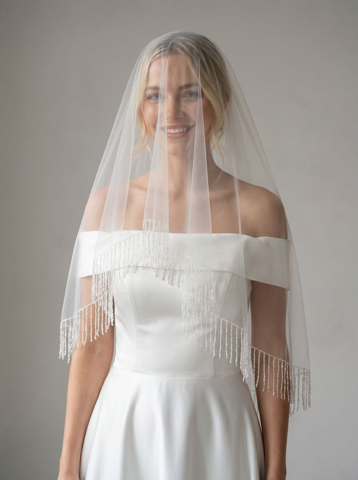 Crystal beaded fringe blusher short sheer bridal veil