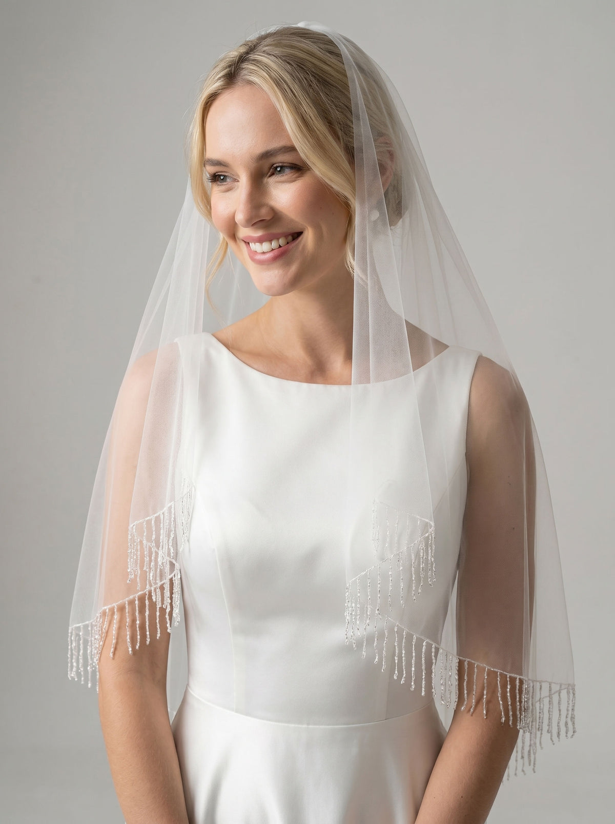 Crystal beaded fringe blusher short sheer bridal veil