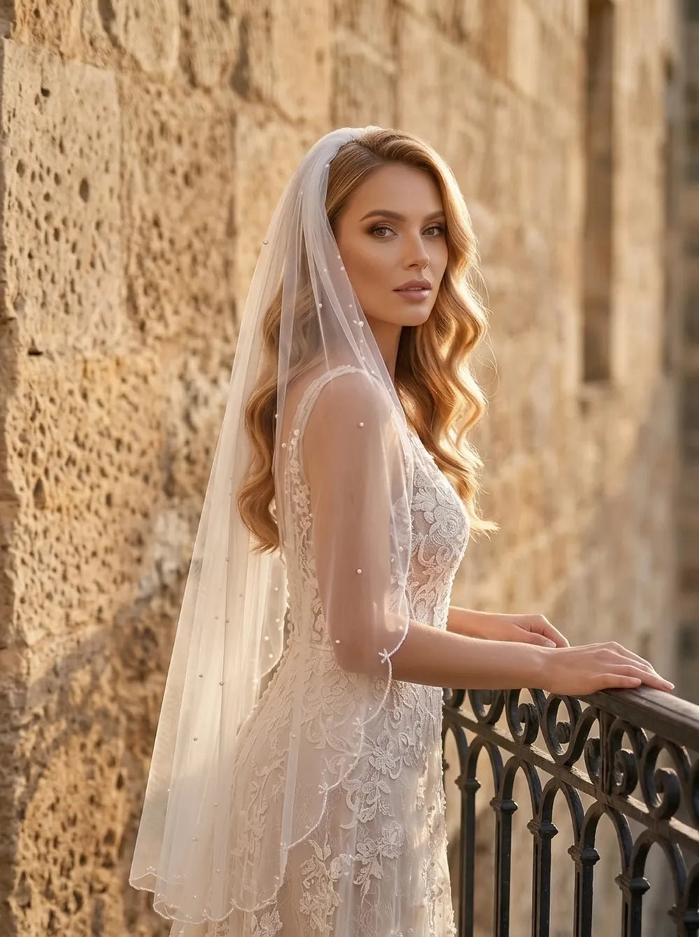 Single-tier soft white pearl bridal veil on mannequin showing 100cm length with beaded floral branch edge