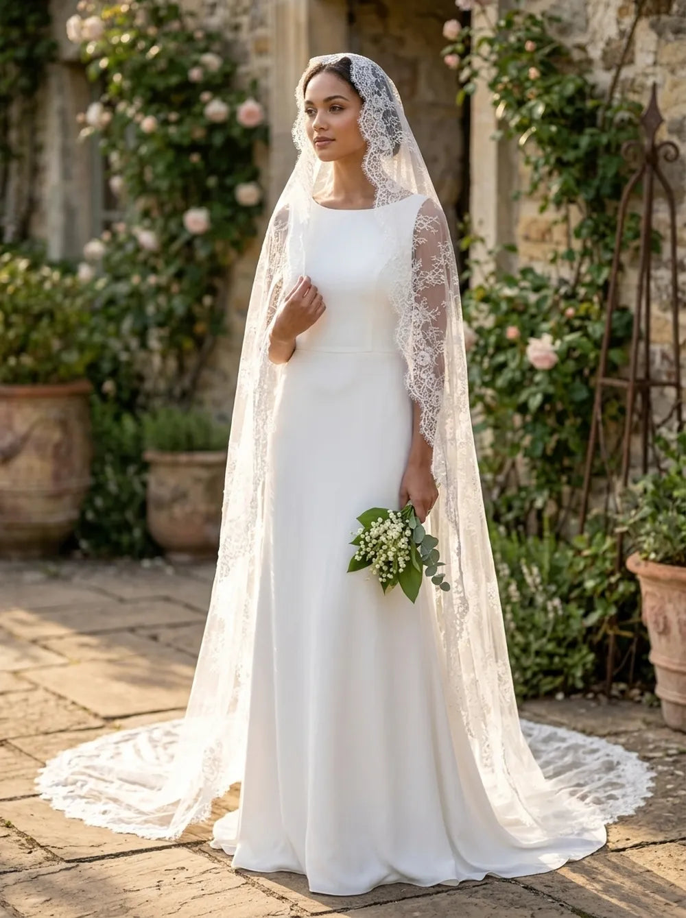 Bride wearing a gold embellished gown holding the sheer white mantilla lace veil over her head and face in a studio portrait