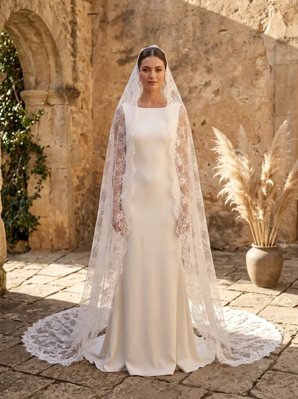 Rear view of bride walking down a stone path in an outdoor garden, trailing a 300cm soft white cathedral mantilla lace veil