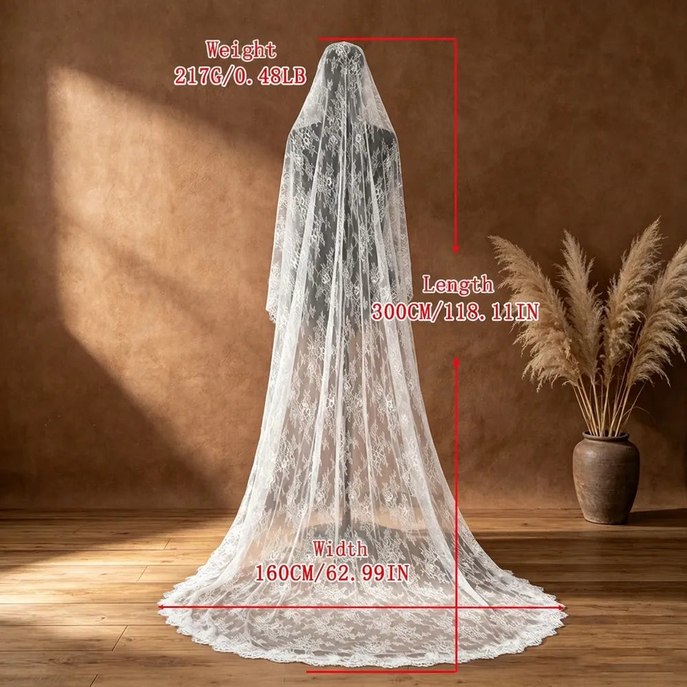Specification diagram of 300cm single-tier mantilla lace veil on mannequin showing length 300cm (118.11in), width 160cm (62.99in), and weight 217g (0.48lb)