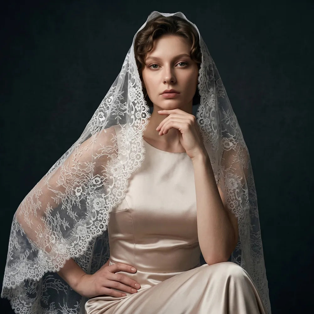 Half portrait of bride with wavy retro hair resting her chin on her hand, wearing a mantilla lace veil against a dark studio background