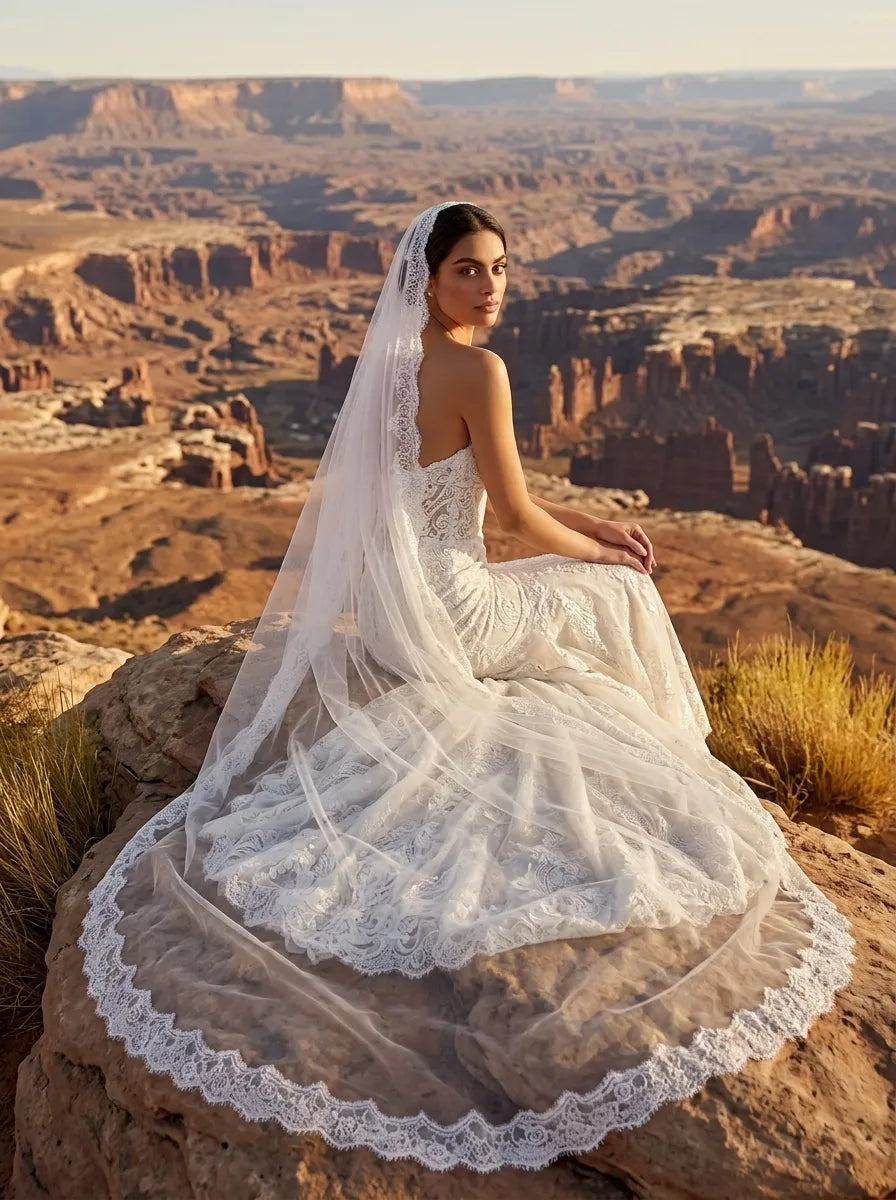 Single-tier cathedral mantilla lace wedding veil (300cm/118.11in) with delicate Chantilly eyelash lace trimming, drapes gracefully on mannequin showing full-length spread and 142g lightweight design