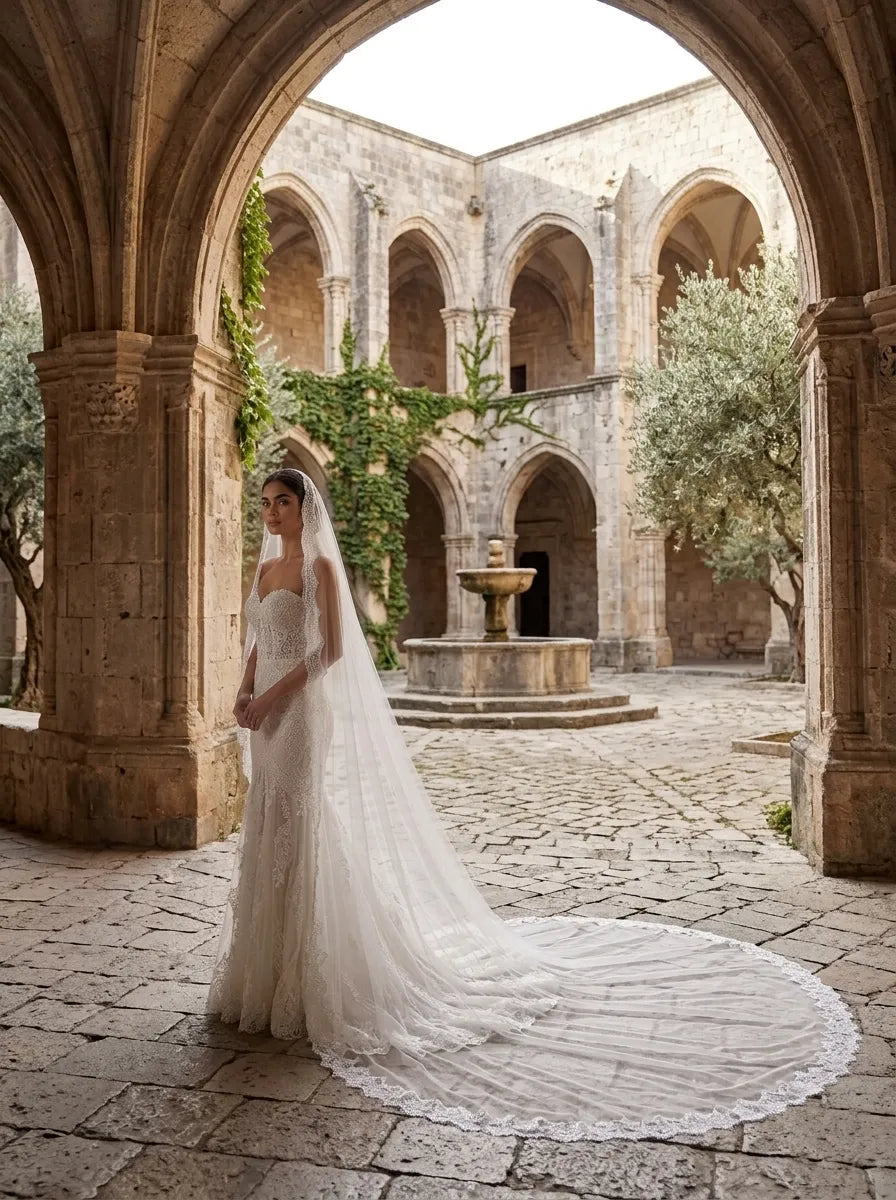 Full-length front view of bride in strapless lace wedding gown wearing a 300cm cathedral veil draped over her head and widely spread across the wooden floor