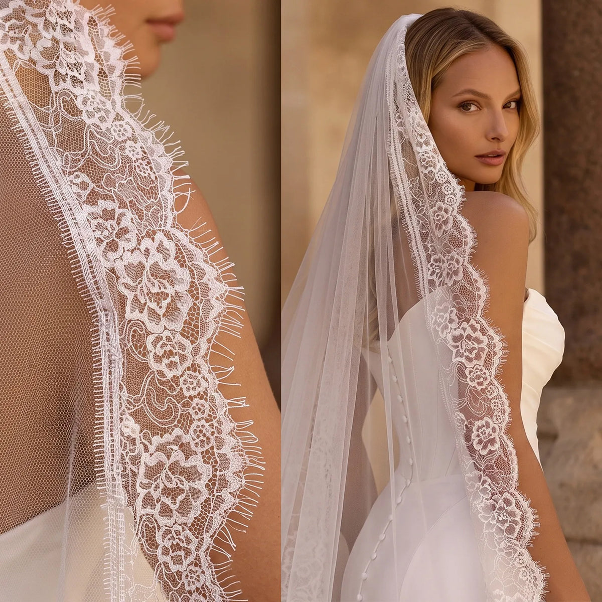 Over-the-shoulder portrait of bride in a strapless gown displaying the elegant drape of sheer tulle and scalloped lace trim across her upper back