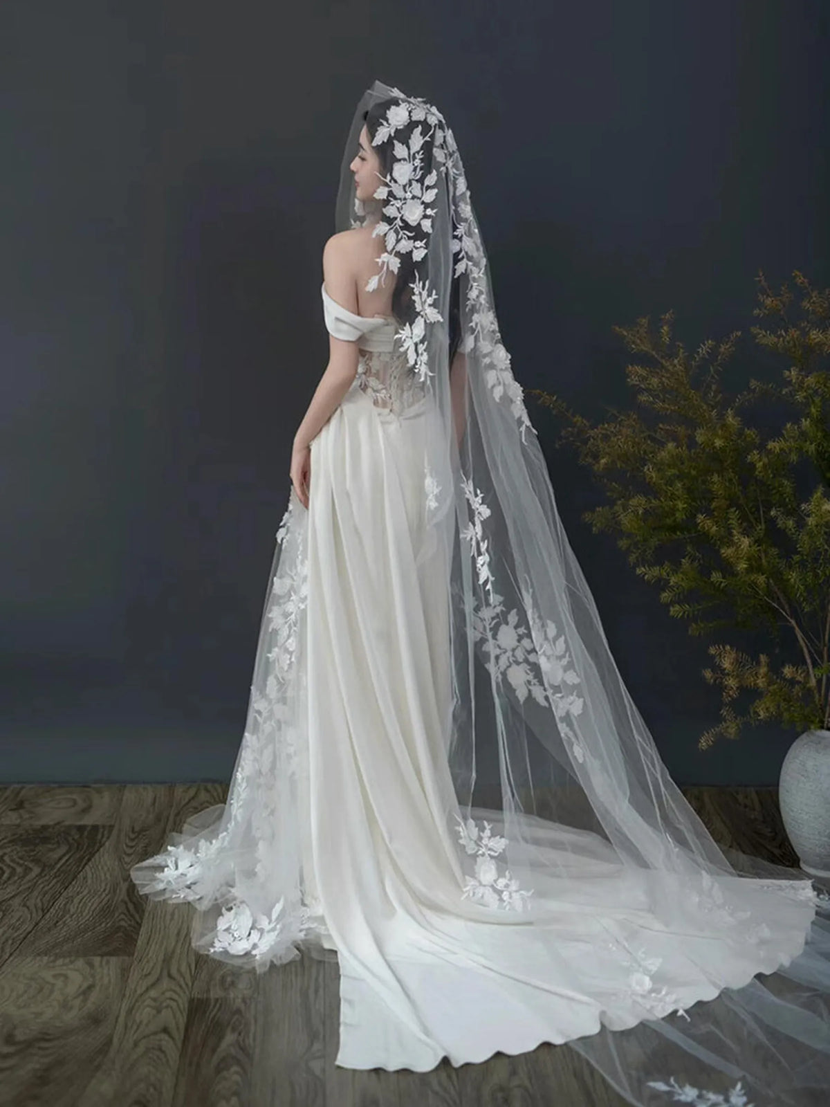 soft tulle wedding veil with botanical lace appliques