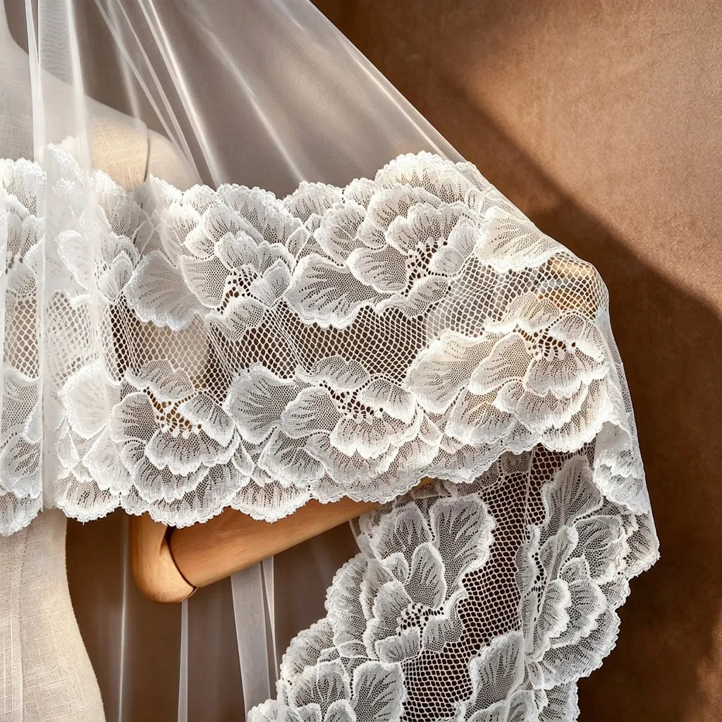 Close-up macro detail of intricate wide botanical floral lace trim with fine mesh lattice netting