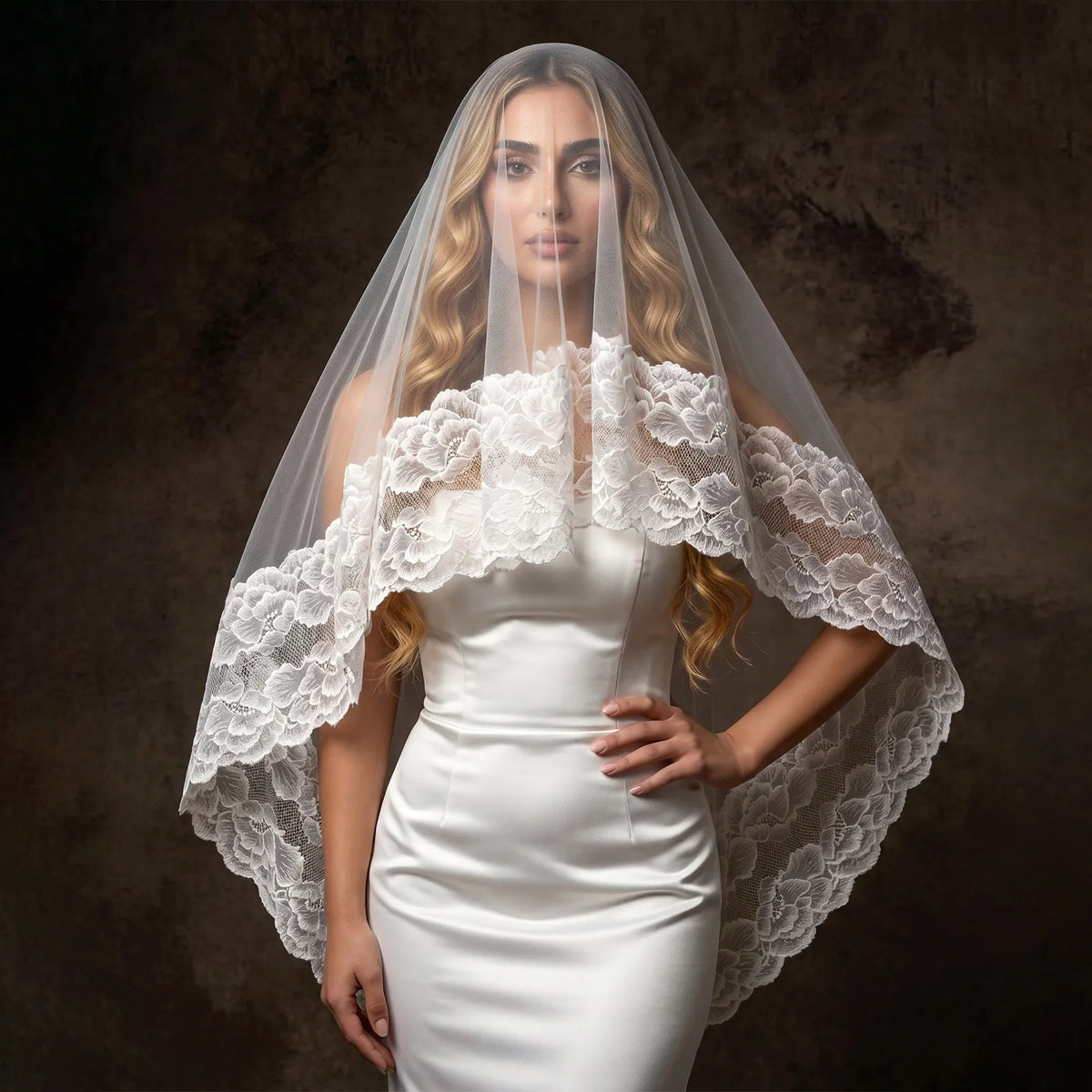 Front portrait of bride with sheer blusher draped over face and dramatic wide floral lace framing neck
