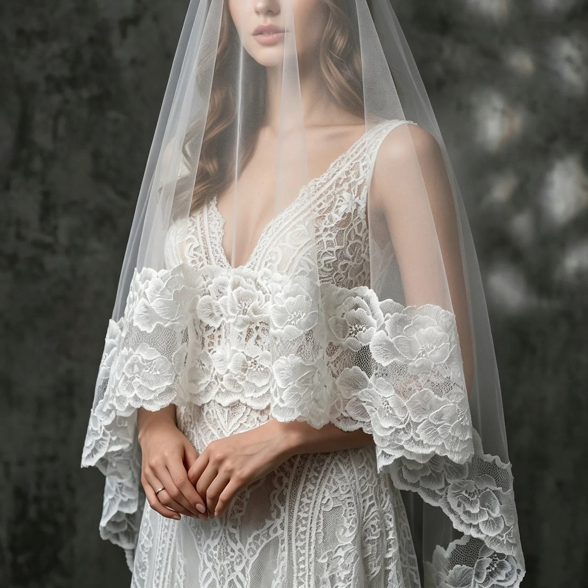Close-up front view of sheer blusher veil with scalloped lace edge layered over deep V-neck lace wedding gown