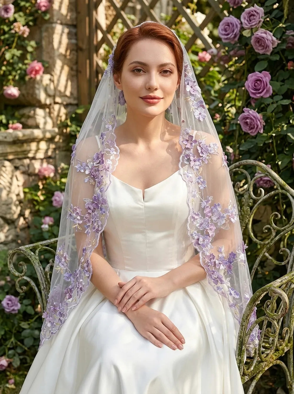 Close-up portrait of bride holding the edge of sheer tulle veil, displaying intricate lilac and dark violet embroidered flowers centered with shimmering pearl beads under natural light
