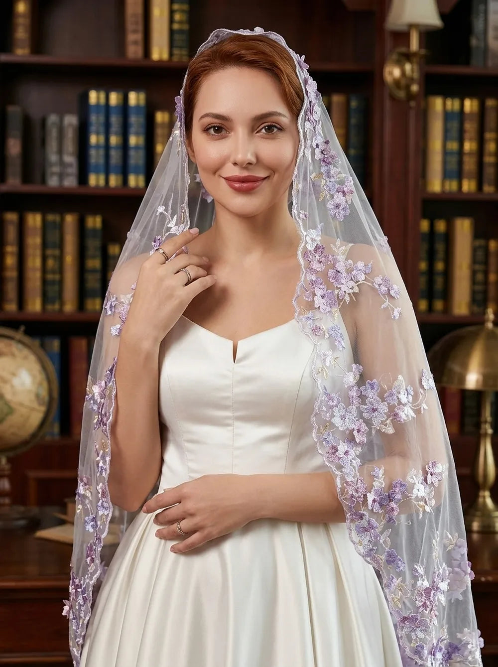 Side profile view of 100cm single-tier purple floral veil on dress form, highlighting smooth cascading sheer tulle and layered botanical lace trimming from head to hip