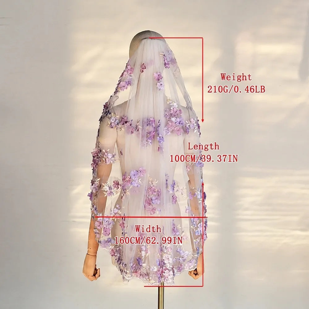 Specification diagram of 100cm single-tier purple floral bridal veil on mannequin clearly indicating length 100cm (39.37in), width 160cm (62.99in), and lightweight 210g (0.46lb) with lavender embroidered lace edging