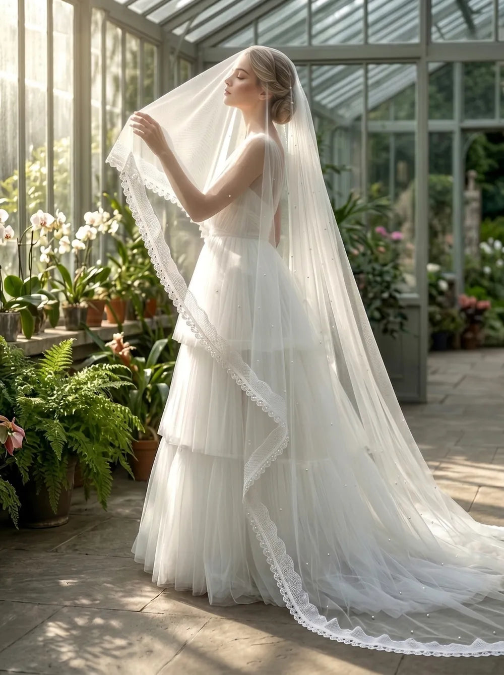 Single-tier soft white mantilla cathedral veil on mannequin showing 300cm length and scalloped pearl lace trim