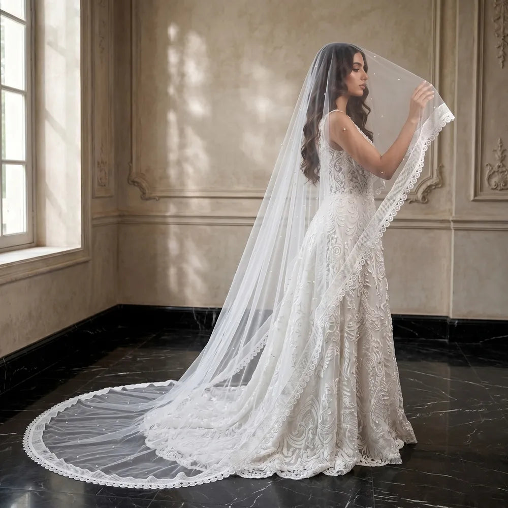 Bride in A-line lace wedding dress holding single-tier mantilla veil gently draped over her head in a classic European interior