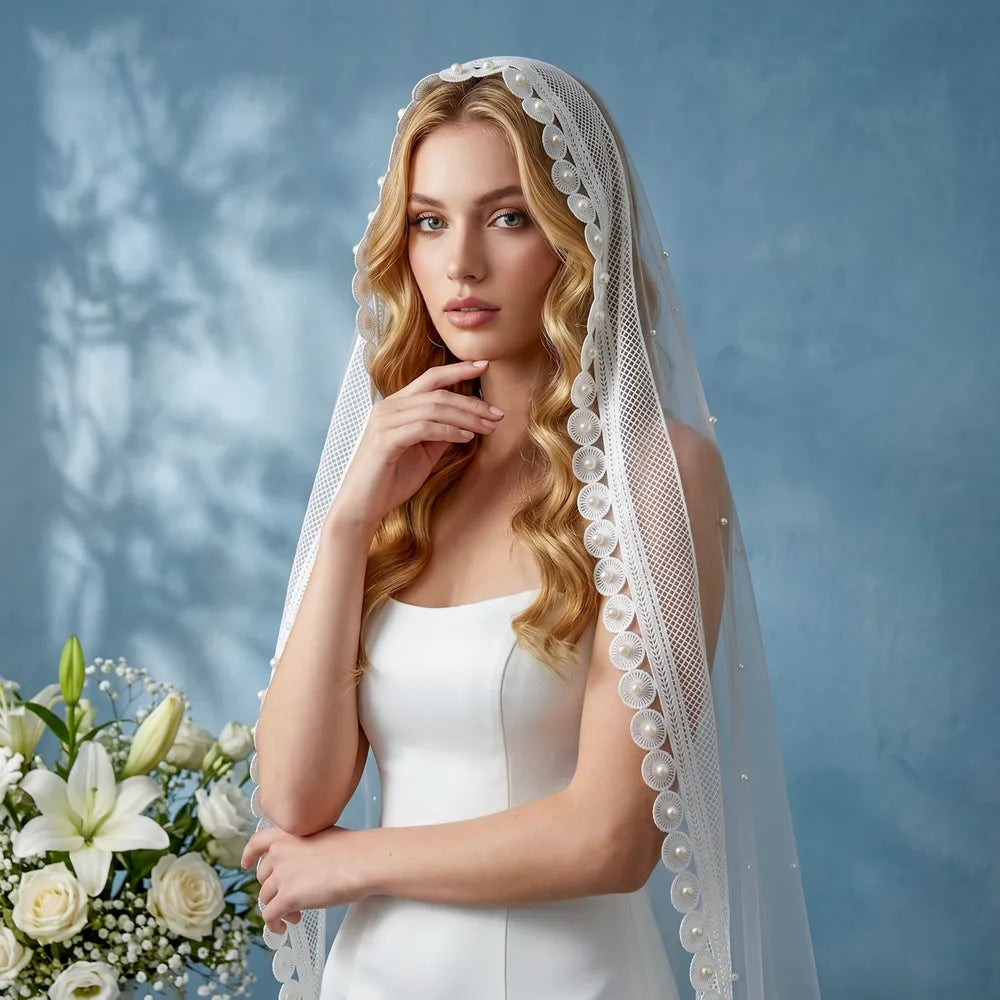 Sunlight shining through sheer soft single-tier tulle and scattered pearls, creating a glowing ethereal bridal aesthetic