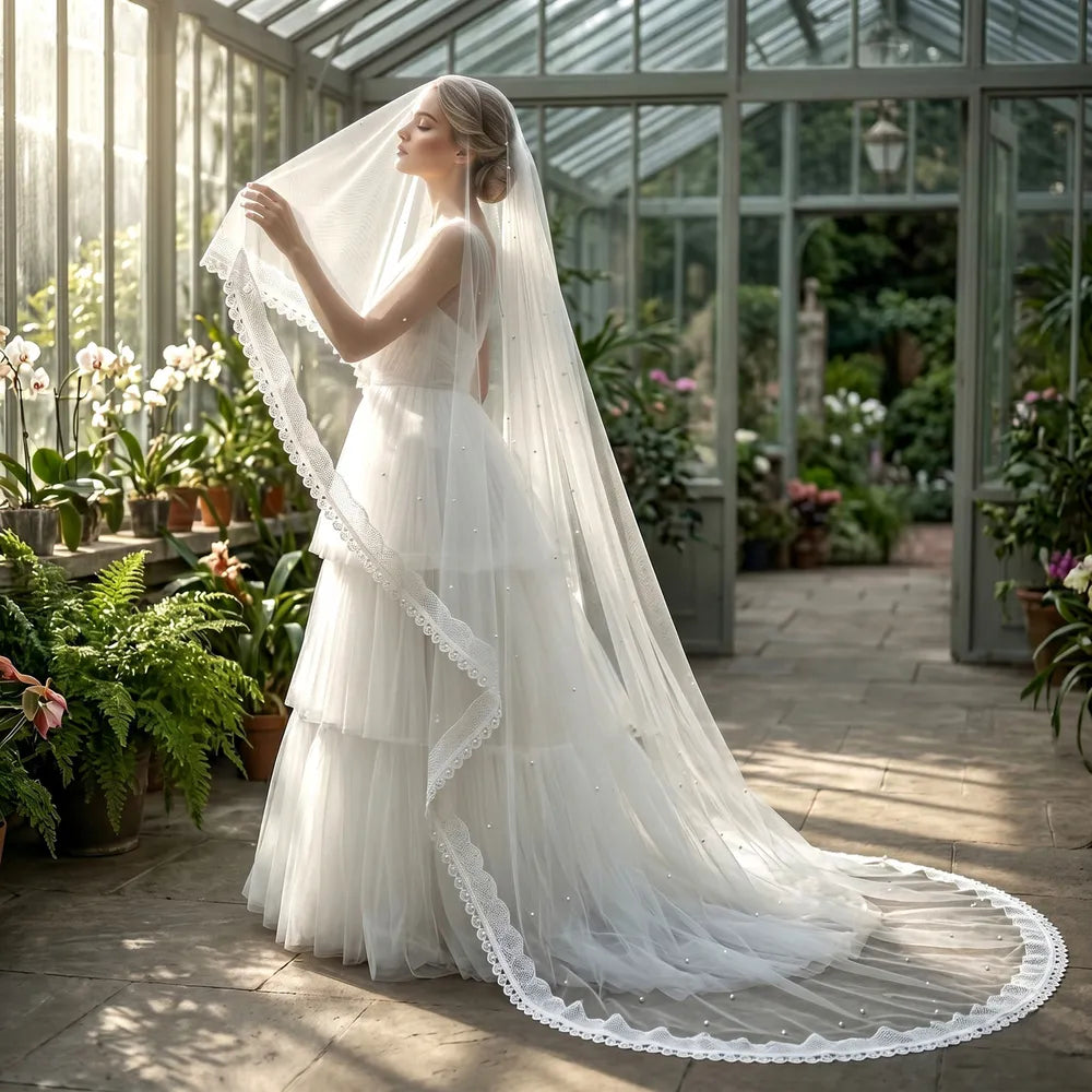 Front view showing lightweight single-tier veil cascading over shoulders with delicate scattered pearl accents