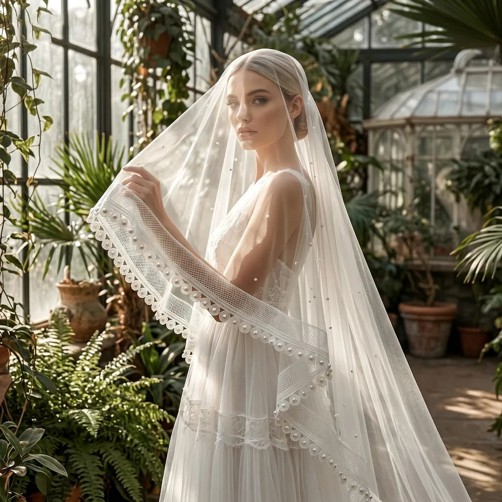 Bride in tiered tulle gown wearing 300cm single-tier pearl mantilla veil in a sunlit botanical greenhouse