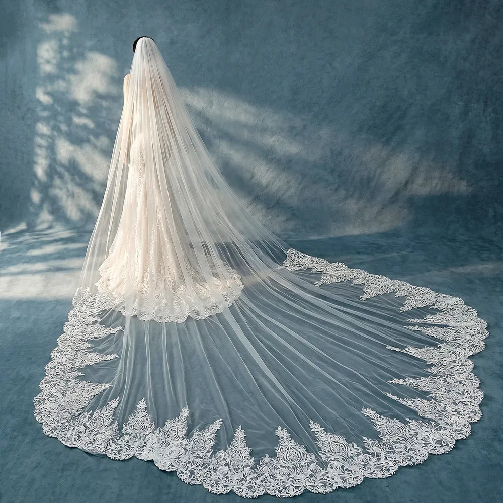 Dramatic view of 300cm extra-wide cathedral lace train fully extended, ideal for luxury chapel ceremony entrance