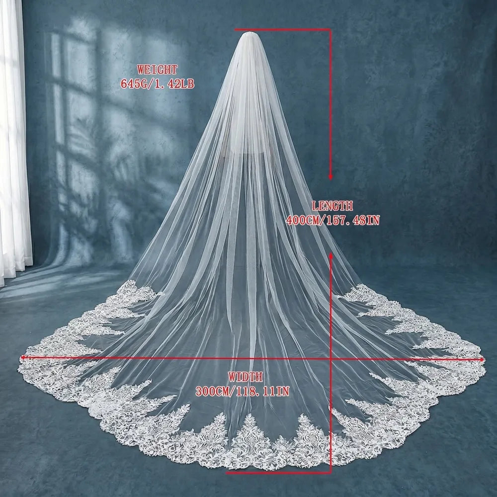 Specification diagram showing length 400cm (157.48in), width 300cm (118.11in), and weight 645g (1.42lb) on mannequin