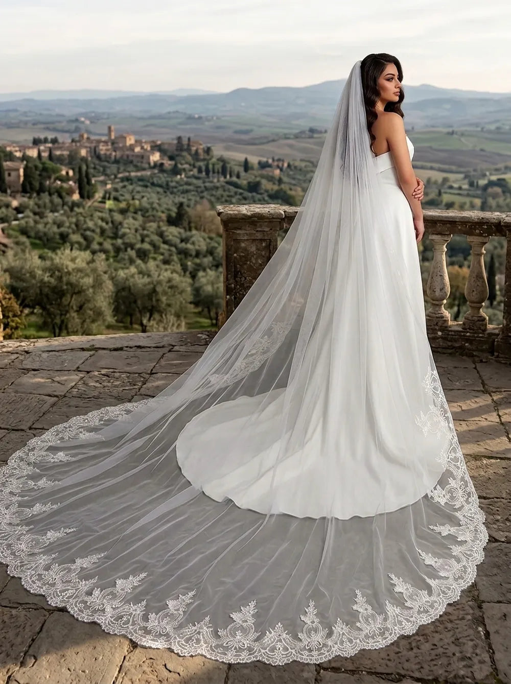 Single-tier soft white royal cathedral veil on mannequin showing 300cm length and 300cm wide lace train