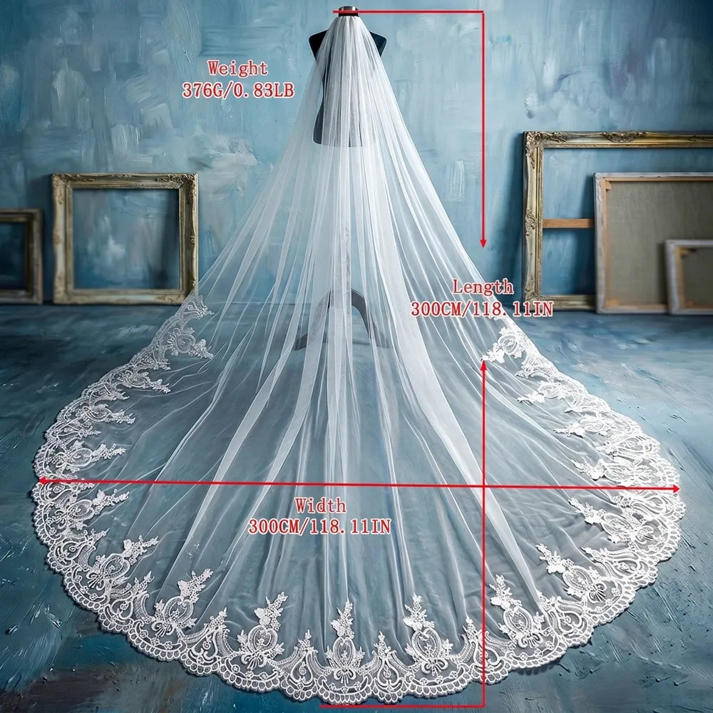 Specification diagram showing length 300cm (118.11in), width 300cm (118.11in), and weight 376g (0.83lb) on mannequin