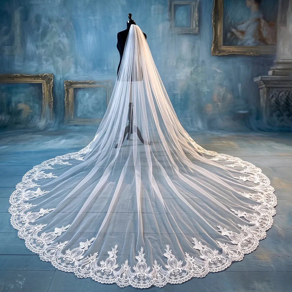 Wide angle overhead shot of 300cm fan-shaped cathedral train laid out flat to highlight lace border