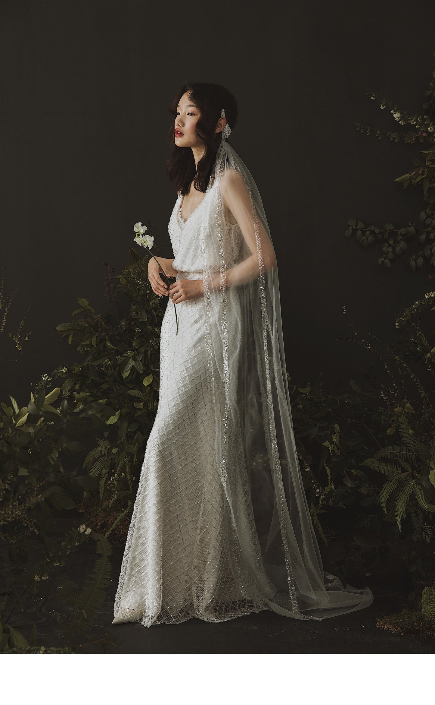 192cm sparkling sequin chapel length bridal veil with glitter embellishments and slim draped fit