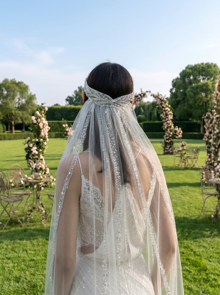 192cm sparkling sequin chapel length bridal veil with glitter embellishments and slim draped fit