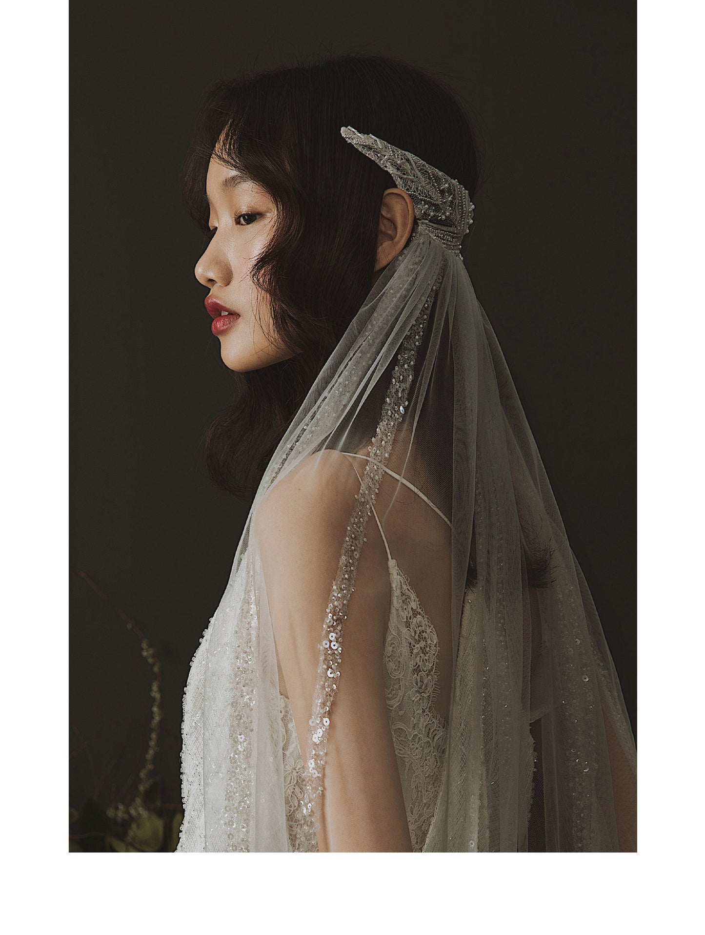 192cm sparkling sequin chapel length bridal veil with glitter embellishments and slim draped fit