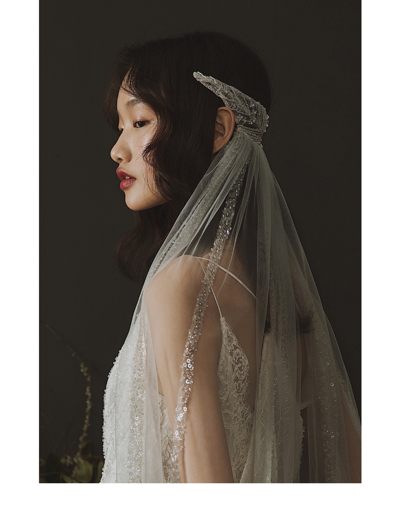 192cm sparkling sequin chapel length bridal veil with glitter embellishments and slim draped fit
