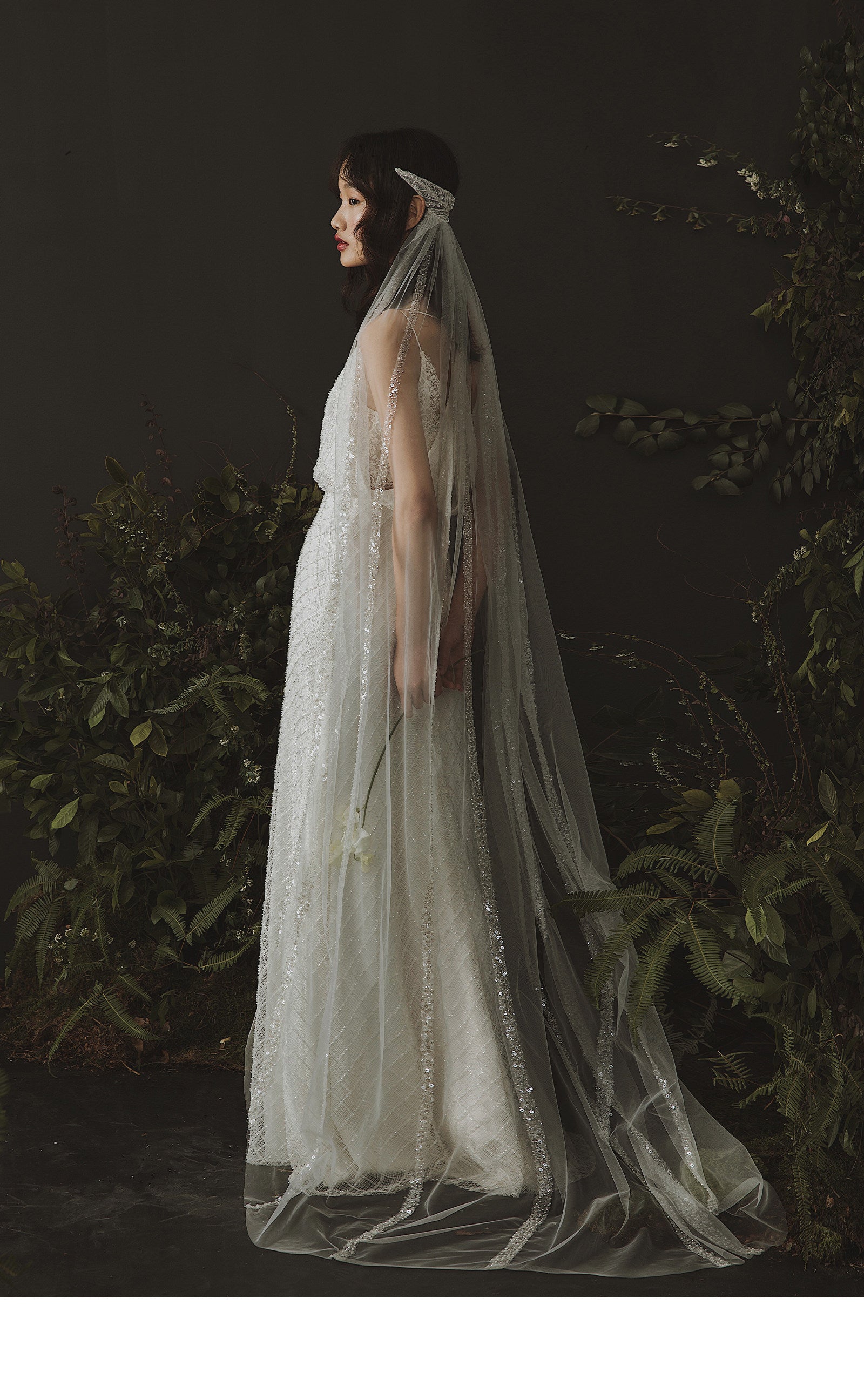 192cm sparkling sequin chapel length bridal veil with glitter embellishments and slim draped fit