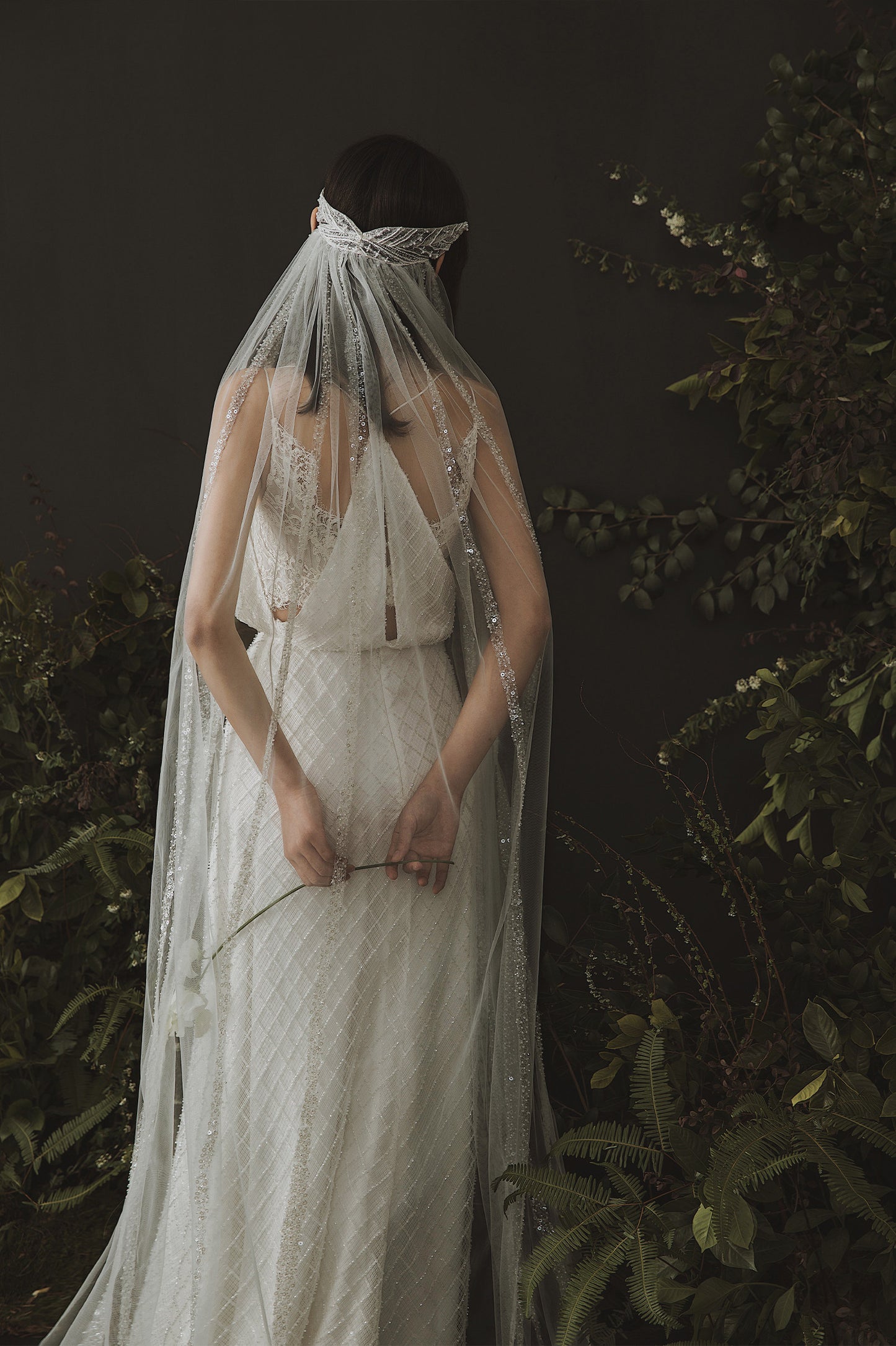 192cm sparkling sequin chapel length bridal veil with glitter embellishments and slim draped fit