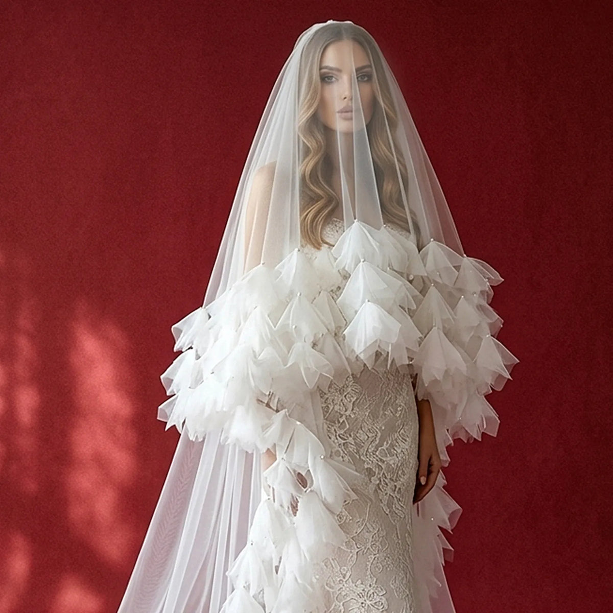 Close-up bridal portrait on red backdrop highlighting fluffy layered tulle trim and soft blusher