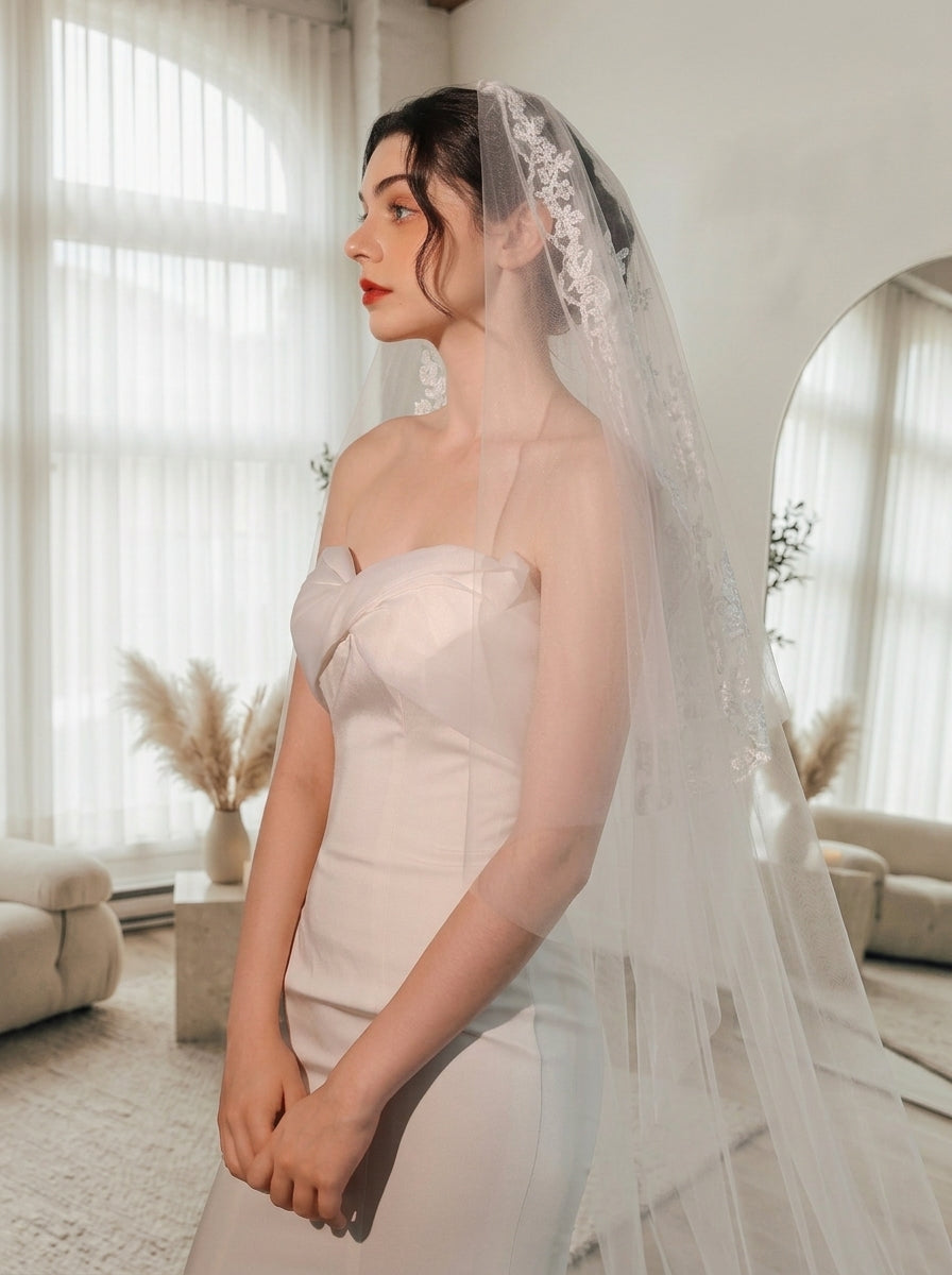 Off-white 2m two tier mid-length bridal veil with hair comb and floral lace applique trim