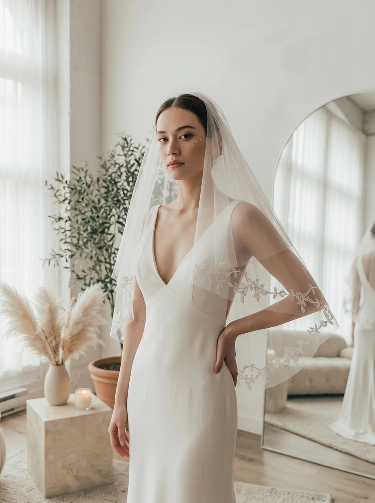 short two tier wedding veil with floral lace appliques