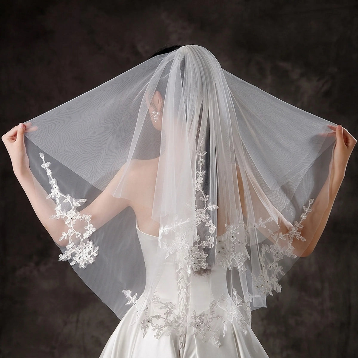 short two tier wedding veil with floral lace appliques