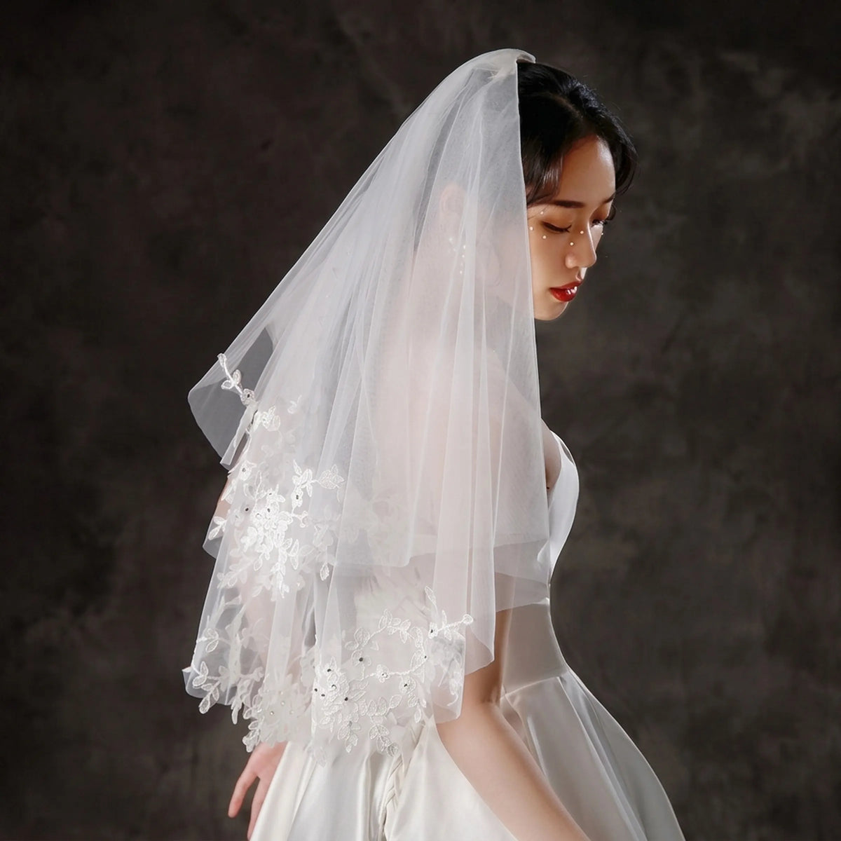 short two tier wedding veil with floral lace appliques