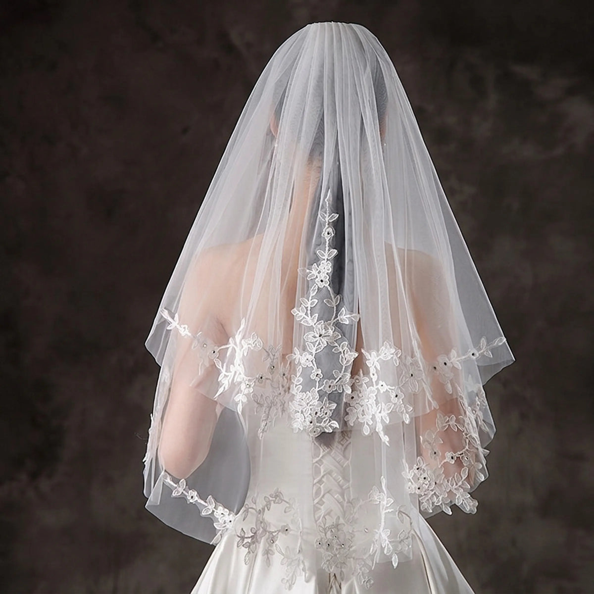 short two tier wedding veil with floral lace appliques
