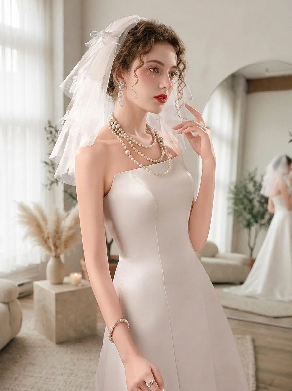 Off white short bow wedding veil with two tier soft tulle design