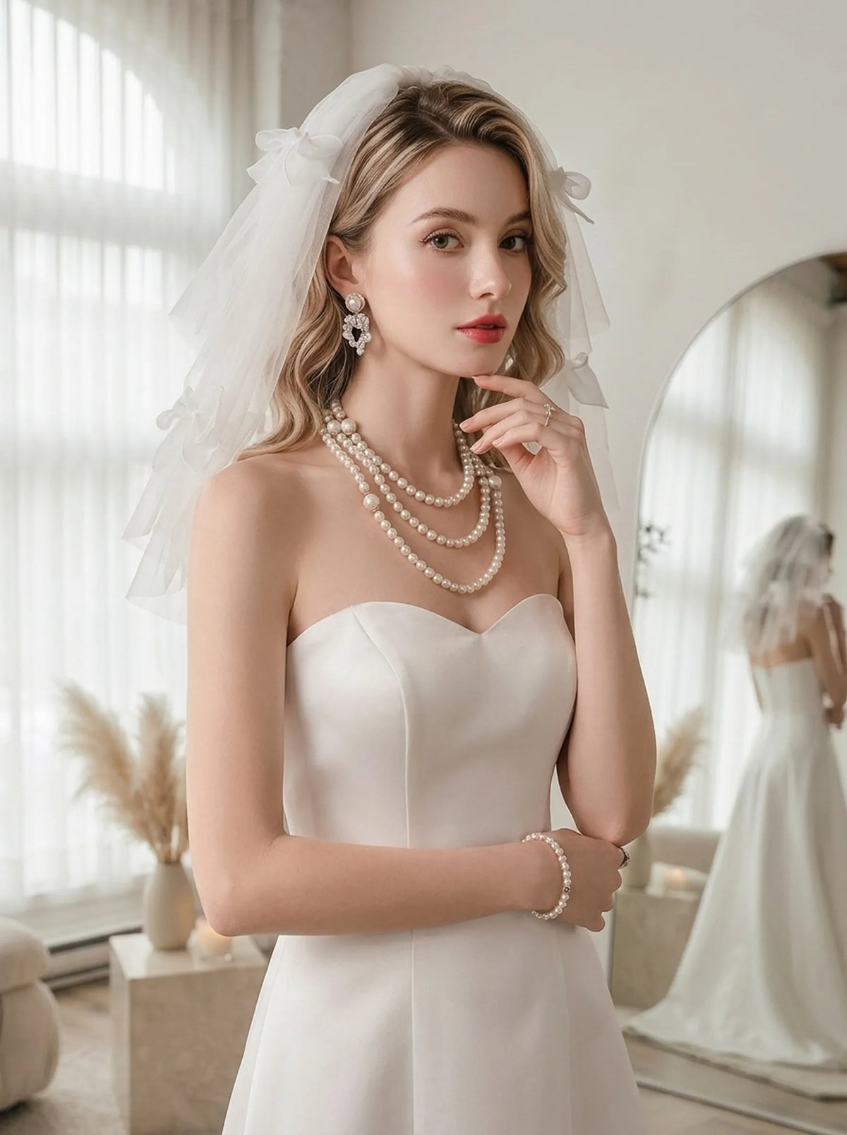 Bride wearing a short bow wedding veil for civil ceremony