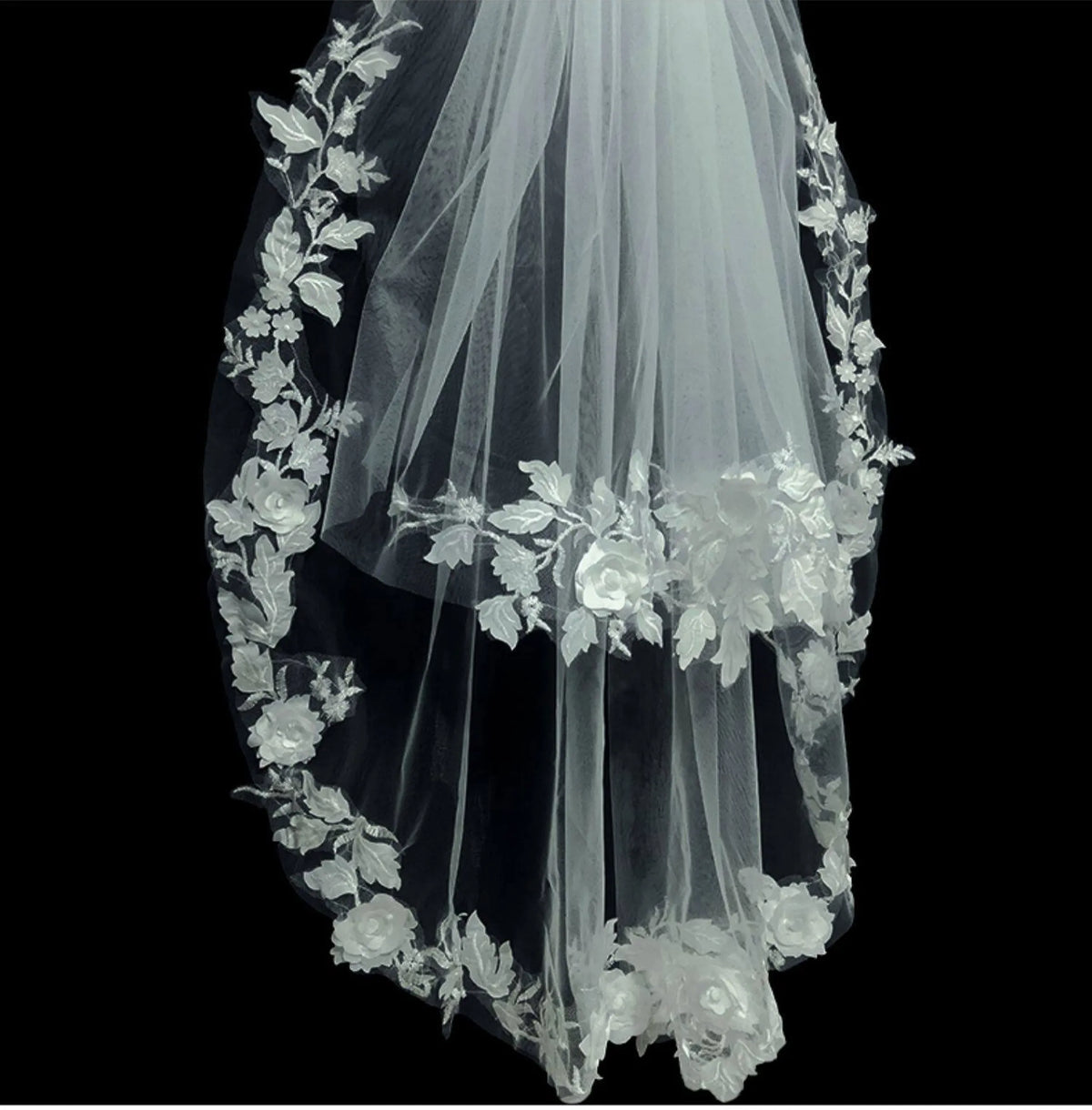 70-95cm two tier white imported swiss encrypted tulle bridal veil with 3d rose and floral vine embroidered lace edge
