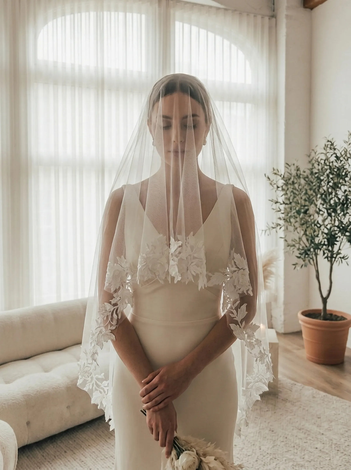 two tier floral wedding veil with 3D rose lace appliques