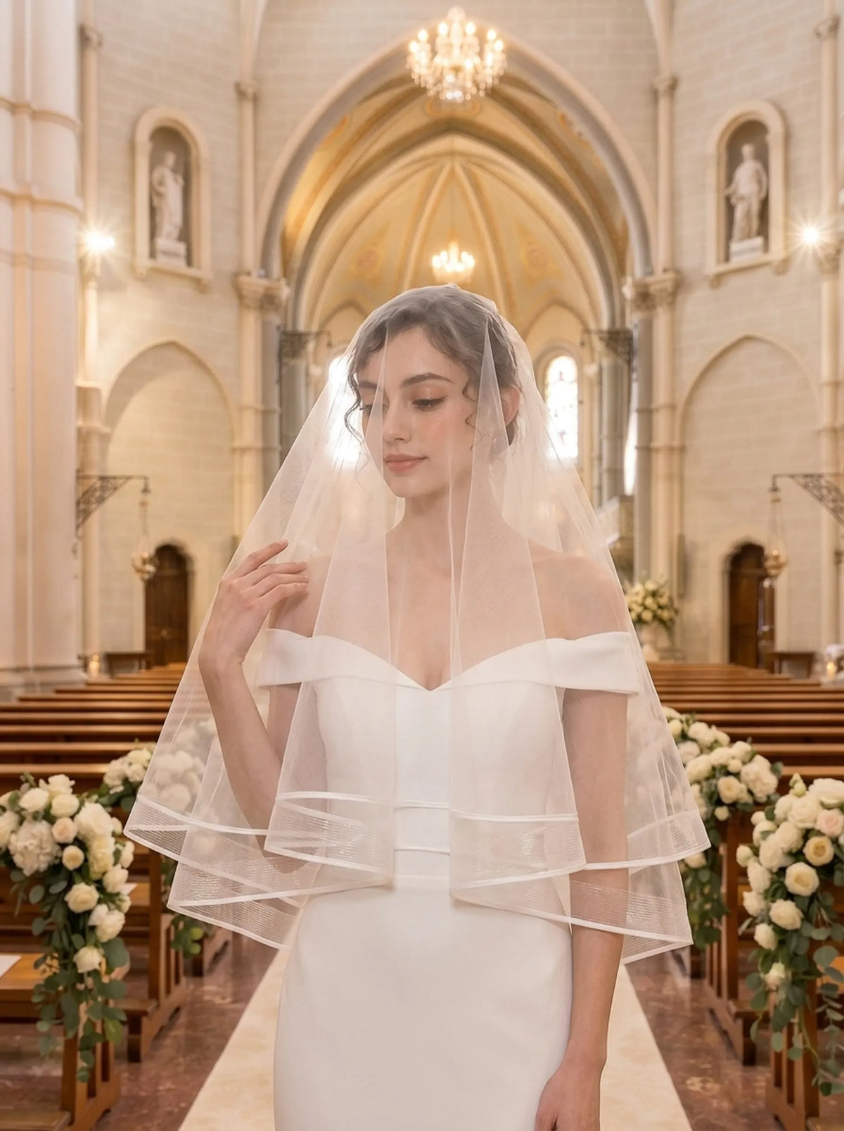 Bride wearing an off white two tier wedding veil with romantic short blusher style