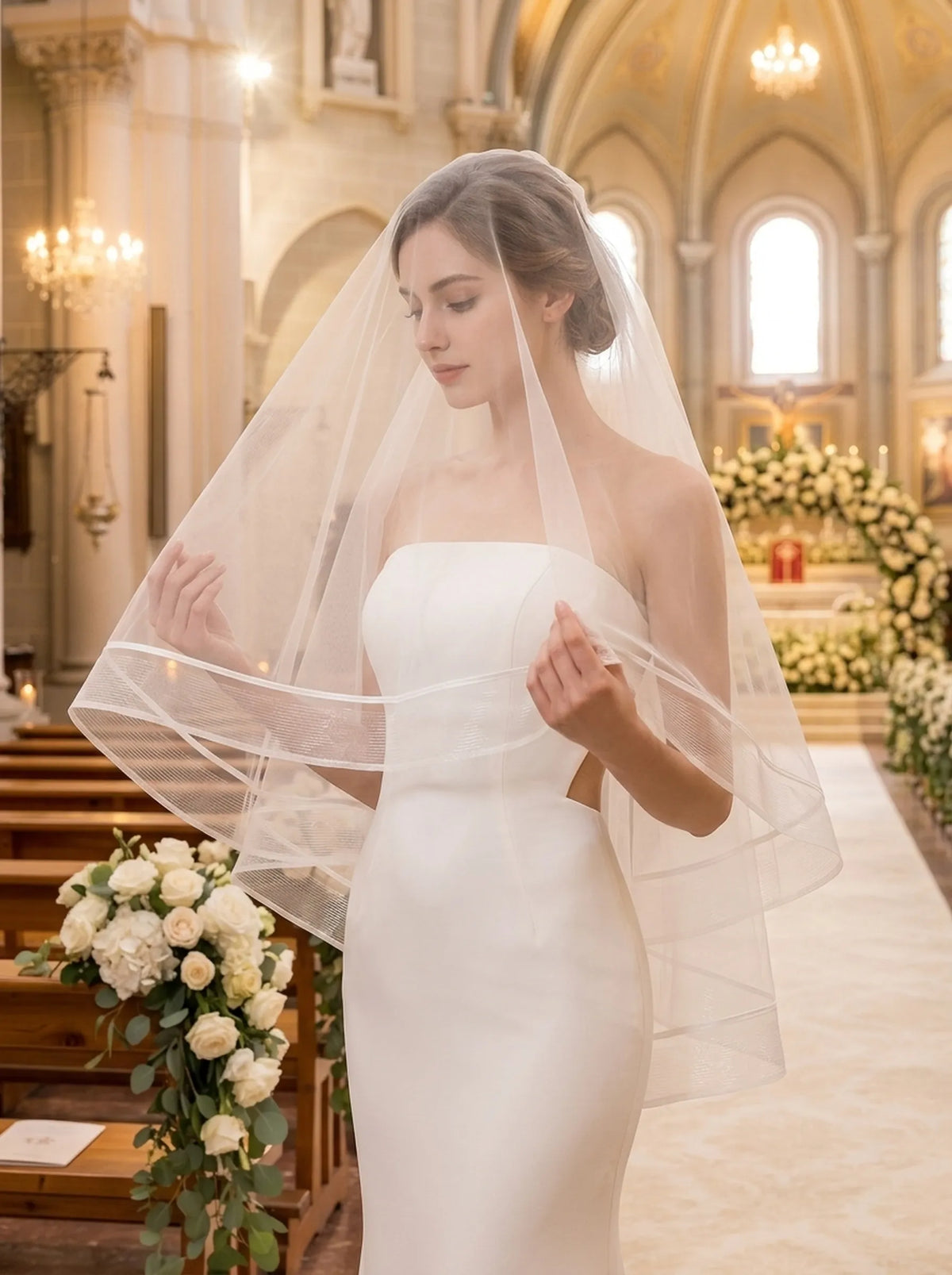 Off white two tier wedding veil with soft Swiss tulle and horsehair edge