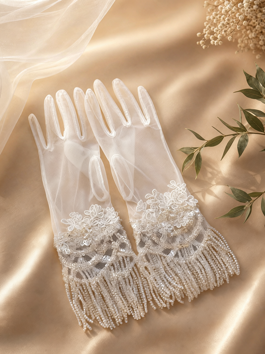 White Mesh Lace Beaded Tassel Bridal Short Gloves for Wedding and Banquet  LUNA-X188