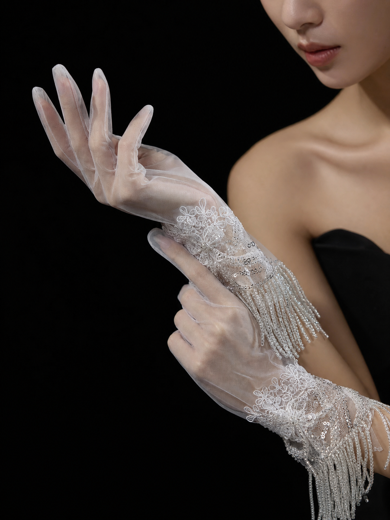 White Mesh Lace Beaded Tassel Bridal Short Gloves for Wedding and Banquet  LUNA-X188